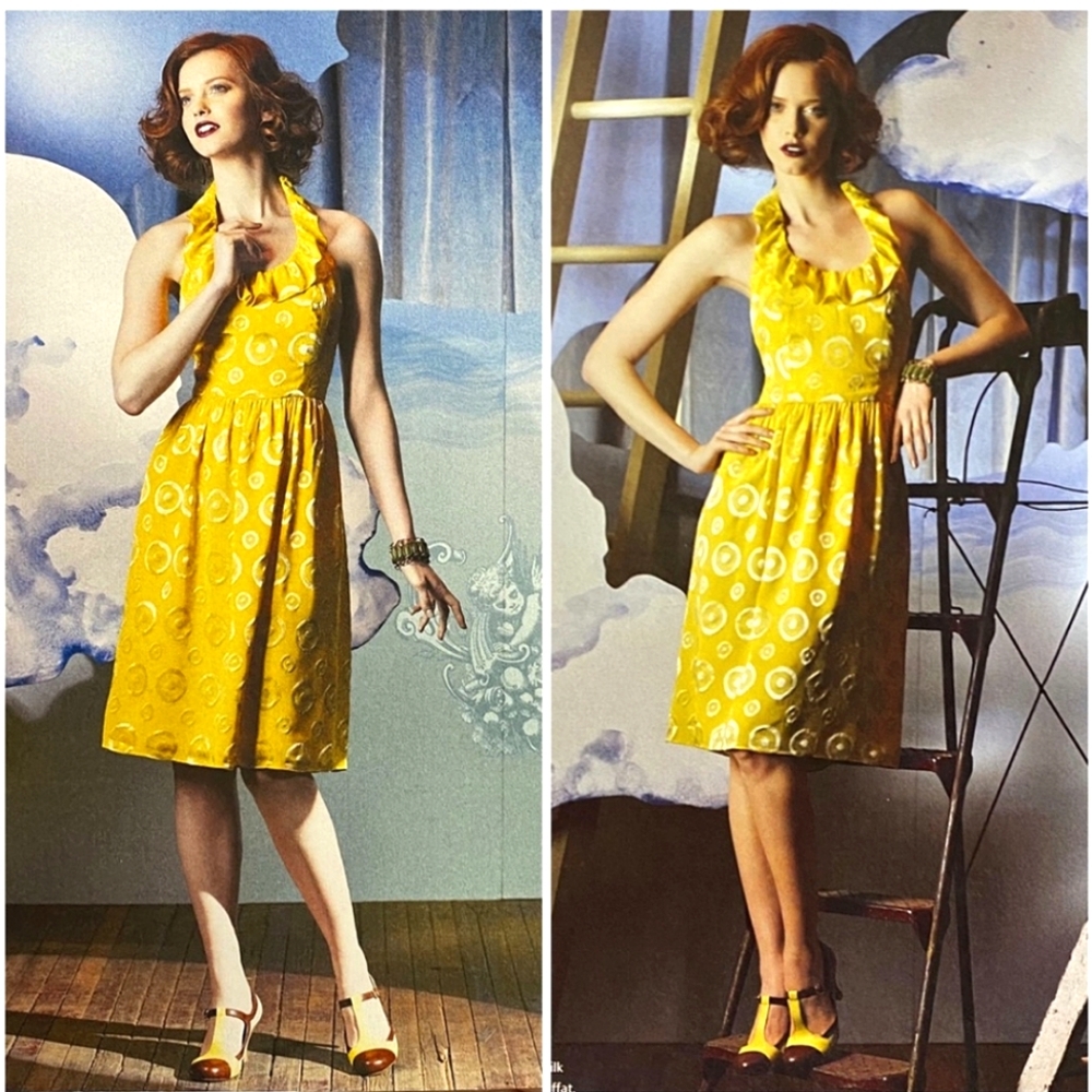 Lauren Moffatt Yellow Gold Metallic Jacquard Backless Halter Dress XS Anthro
